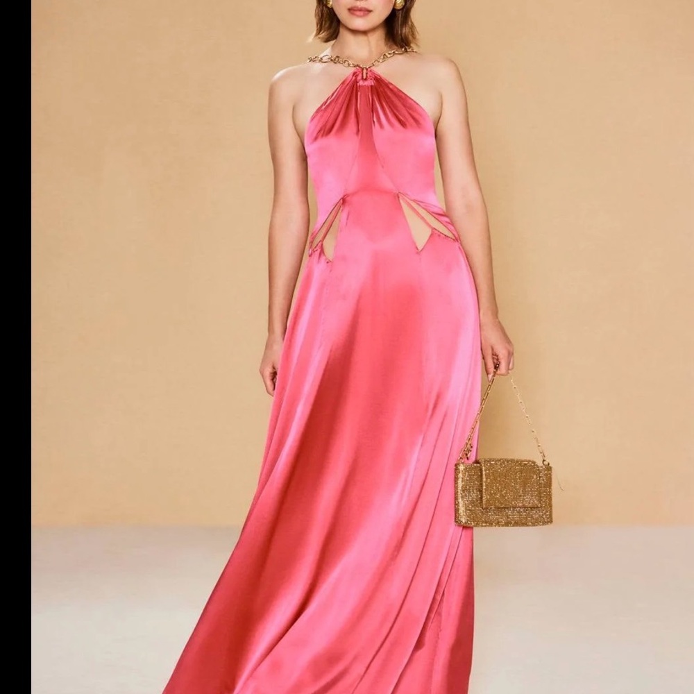 Cult Gaia Pink Silk Halter Maxi Dress Gold Chain Backless Size 4